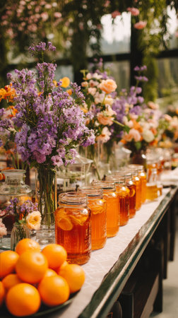 A long, rustic table is set with jars of iced tea and colorful flower arrangements, creating a cheerful atmosphere for a gathering. Sunlight filters through the windows.の素材