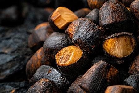 An arrangement of various chestnuts and leaves reveals the beauty of autumn. The rich hues and textures highlight the seasons bounty, set against a dark green backdrop.の素材