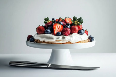 Freshly made pavlova is beautifully presented on a white cake stand, topped with an assortment of strawberries, blueberries, and raspberries, ready to be served.の素材