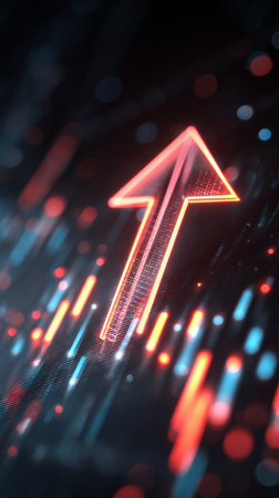 Glowing orange lines represent an upward trend in financial data against a dark background. The visual emphasizes growth and positive performance in a modern context.の素材