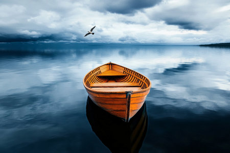A wooden boat drifts peacefully on a serene lake, surrounded by soft clouds reflecting in the water as the sun begins to set, creating a tranquil atmosphere perfect for reflection.の素材