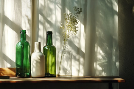 Sunlight filters through curtains, casting shadows on green and clear glass bottles, while a white vase holds delicate flowers on a wooden table.の素材