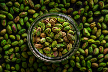 A clear jar filled with vibrant green pistachios sits atop a dark surface, surrounded by scattered nuts. The image captures the texture and color of these delicious snacks.の素材