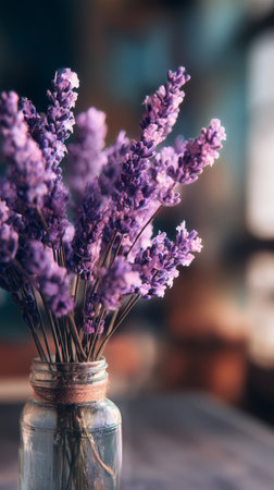 Lavender flowers are arranged in a clear jar, placed on a kitchen table. Soft natural light filters through, creating a peaceful and inviting atmosphere.の素材