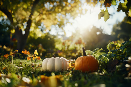 Two pumpkins, one orange and one white, rest on the green grass in a garden filled with colorful autumn leaves under bright sunlight.の素材