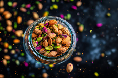 A clear glass jar filled with assorted pistachios and almonds sits on a dark surface. Nuts are scattered around, showcasing vibrant colors and textures in this captivating arrangement.の素材
