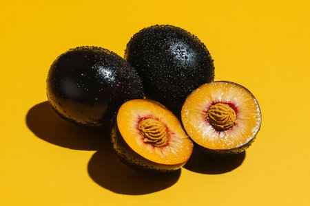 Fresh black plums are arranged artistically with one cut in half, revealing its sweet yellow flesh against a vibrant yellow background, highlighting rich textures and colors.の素材