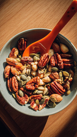 A bowl filled with a colorful mix of nuts and seeds sits on a wooden surface. The orange spoon provides a bright contrast to the earthy tones of the nuts.の素材