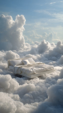 A cozy bed floats gently among soft clouds at sunrise, creating a peaceful and dreamlike atmosphere. The sunlight casts a warm glow over the fluffy surroundings.の素材