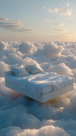 A cozy bed floats gently among soft clouds at sunrise, creating a peaceful and dreamlike atmosphere. The sunlight casts a warm glow over the fluffy surroundings.の素材