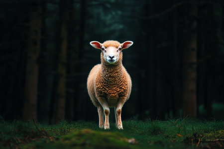 A sheep stands confidently on vibrant green grass, surrounded by the shadows of tall trees in a quiet forest. The soft morning light enhances the peaceful atmosphere.の素材