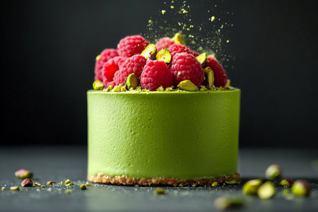 A beautifully crafted green cake is showcased, adorned with vibrant raspberries and crunchy pistachios, creating an enticing dessert display perfect for any occasion.の素材