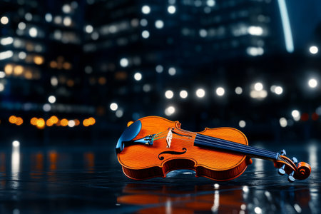 A violin lies on glossy pavement under bright city lights at night. The urban landscape glimmers with reflections, enhancing the artistic atmosphere of the moment.の素材