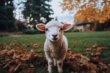 A young lamb stands confidently on green grass, surrounded by colorful autumn leaves. Orange and yellow foliage creates a beautiful backdrop in this peaceful garden atmosphere.の素材