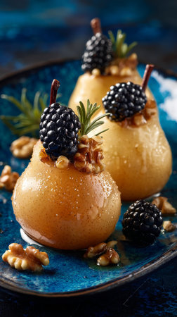 Baked apples are beautifully plated with walnuts and fresh blackberries, garnished with sprigs of herb. The vibrant blue plate enhances the colors of the dessert.の素材