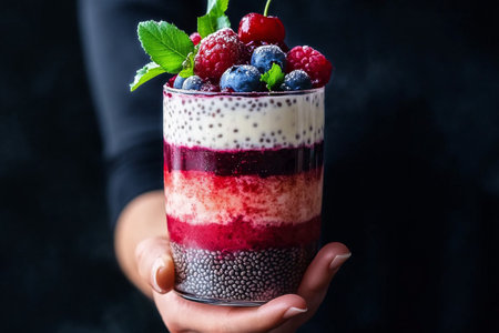 A hand holds a beautiful layered parfait featuring vibrant colors from fruits and chia seeds, garnished with fresh mint leaves in a well-lit kitchen setting.の素材