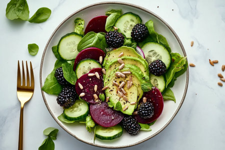 A vibrant bowl filled with fresh spinach, slices of cucumber, blackberries, red onion, and beetroot, garnished with sunflower seeds, presented on a white marble background.の素材