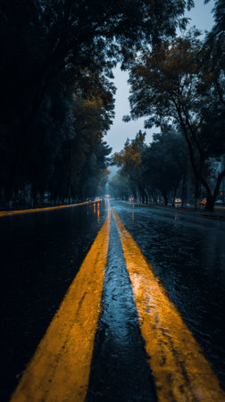 A tranquil street reflects raindrops as asphalt glistens. Yellow lane markings guide drivers through a forest of trees under a gray, overcast sky at dusk.の素材