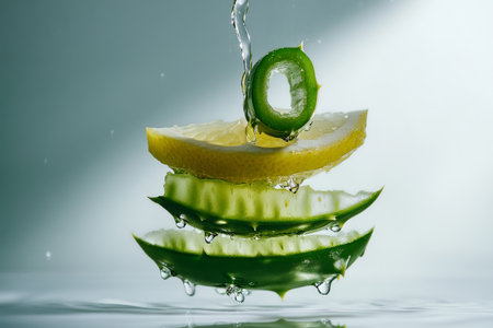 Slices of lemon and cucumber are suspended in water, creating a refreshing visual with cascading droplets. This evokes a sense of summer and healthy hydration.の素材