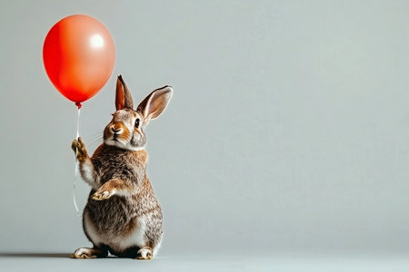 A cute rabbit stands upright while holding a bright red balloon with its paw, creating a fun and whimsical atmosphere in a minimalistic indoor space.の素材