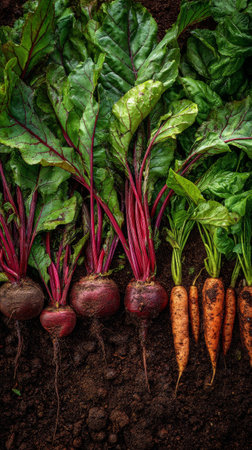 Bright red beets and orange carrots rest side by side, their leafy greens reaching up from rich soil in an organic garden during morning light, showing a bountiful harvest.の素材