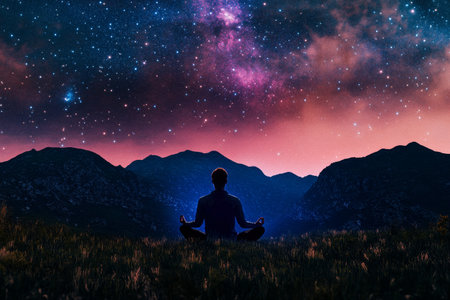 A person meditates in a serene mountain landscape as stars twinkle brightly in the night sky, creating a peaceful atmosphere during twilight, promoting calm and reflection.の素材