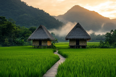 Two traditional bamboo huts stand in vibrant green rice fields, framed by mountains and a golden sunset, creating a tranquil atmosphere in nature.の素材