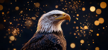 A striking eagle stands proudly, showcasing its powerful features against a backdrop of shimmering lights that create a magical atmosphere, highlighting its beauty and strength.の素材