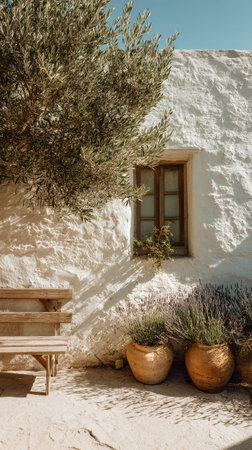 In a serene courtyard, a rustic wooden bench is placed beside vibrant lavender pots and a whitewashed wall, under the shade of an olive tree, inviting relaxation on a sunny day.の素材