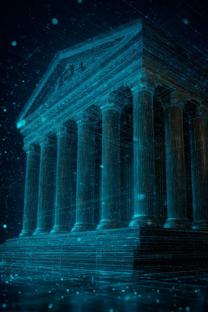 A classical temple structure is illuminated with blue lights, giving it a digital look. This captivating view showcases the detailed columns against a dark, starry backdrop.の素材