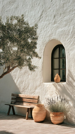In a serene courtyard, a rustic wooden bench is placed beside vibrant lavender pots and a whitewashed wall, under the shade of an olive tree, inviting relaxation on a sunny day.の素材