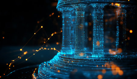 A stunning view of classic architectural columns illuminated by glowing blue and orange digital elements showcases the blend of tradition and technology at night.の素材