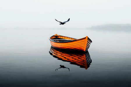 A vibrant orange boat is anchored in still water as a bird flies overhead, creating a serene atmosphere in the early morning fog.の素材