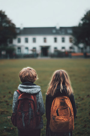Two children stand in a grassy field, backpacks on their backs, gazing at a historic mansion in the distance beneath an overcast sky.の素材