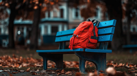 A bright red backpack sits on a blue bench in a park, framed by fallen autumn leaves. The atmosphere is tranquil, with trees in the background showing seasonal colors.の素材