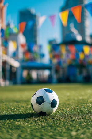 A black and white soccer ball rests on vibrant green grass in a lively area filled with colorful flags. The sunny day enhances the festive atmosphere around the ball.の素材