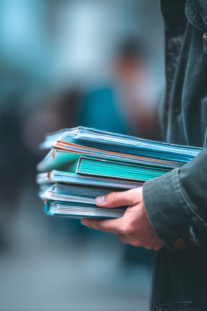 A person holds several stacked files while standing on a bustling street filled with blurred pedestrians. The day appears bright, hinting at an active urban environment.の素材