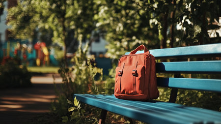 A bright red backpack sits on a blue bench in a park, framed by fallen autumn leaves. The atmosphere is tranquil, with trees in the background showing seasonal colors.の素材