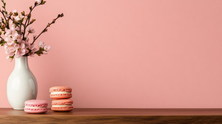 A vase filled with blossoms sits on a wooden shelf beside three pink macarons. The soft pink background adds warmth to this delightful setup, perfect for a sweet treat display.の素材