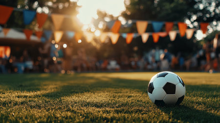 A soccer ball rests on lush green grass, surrounded by colorful bunting as people enjoy a gathering during sunset, creating a lively atmosphere of celebration.の素材