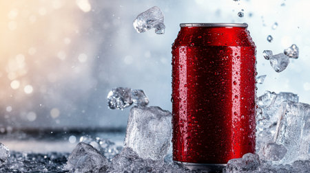 A cold red beverage surrounded by ice cubes, glistening with droplets as light reflects off the surface. The summer atmosphere enhances the refreshing appeal.の素材