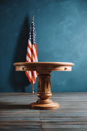 A polished wooden table stands upright in an indoor space. Behind it, a large American flag is displayed against a vibrant blue wall, creating a patriotic atmosphere.の素材