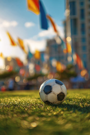 A black and white soccer ball rests on vibrant green grass in a lively area filled with colorful flags. The sunny day enhances the festive atmosphere around the ball.の素材