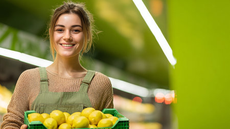 A young woman with a friendly smile stands in a grocery store, holding a basket filled with fresh lemons. Brightly lit aisles and various produce are in the background.の素材