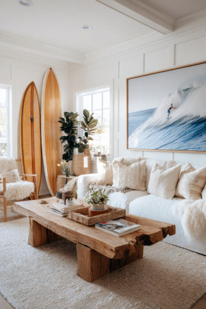 Cozy living room showcases a beach theme with surfboards, a wooden coffee table, and soft pillows, creating a warm and inviting atmosphere for relaxation.の素材