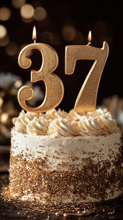 A festive cake decorated with golden sprinkles and topped with large golden candles displaying the number 37. This cake is perfect for a memorable birthday celebration.の素材