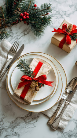 A beautifully arranged table features elegant plates, golden cutlery, and wrapped gifts adorned with red ribbons. Pine branches and berries add a festive touch for the holiday season..の素材