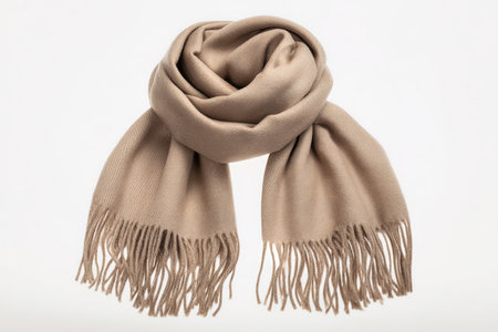 A cozy beige scarf with long fringes is elegantly arranged on a light background. This accessory is ideal for keeping warm during chilly seasons and adds style to any outfit.の素材
