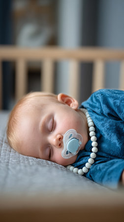 A small baby sleeps soundly with a pacifier in their mouth and a beaded necklace around their neck. Soft light filters through a window in a peaceful nursery..の素材