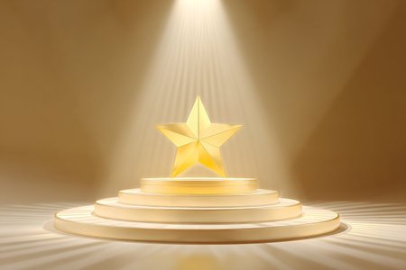 A golden star trophy stands proudly on a wooden pedestal surrounded by soft spotlight effects. The setting is dark, creating a dramatic focus on the award..の素材